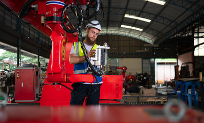 Naklejka premium An engineers installing and testing a large robotic arm. before sending it to customers for use in the industry