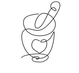 Single continuous line drawing mortar and pestle vintage line drawing. 