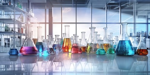 AI Generated. AI Generative. Chemical medicine laboratory set of volumetric glassware bottles for researh. Graphic Art - obrazy, fototapety, plakaty