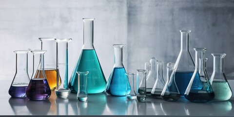 AI Generated. AI Generative. Chemical medicine laboratory set of volumetric glassware bottles for researh. Graphic Art - obrazy, fototapety, plakaty