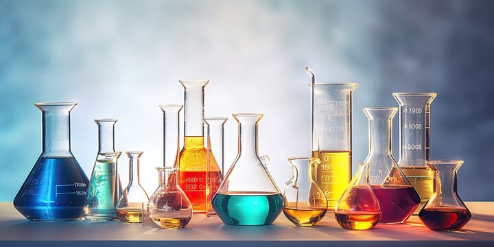 AI Generated. AI Generative. Chemical medicine laboratory set of volumetric glassware bottles for researh. Graphic Art