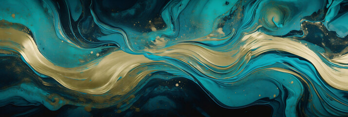 Beautiful Teal and Blue Paint Swirls with Gold Glitter, banner, generative AI