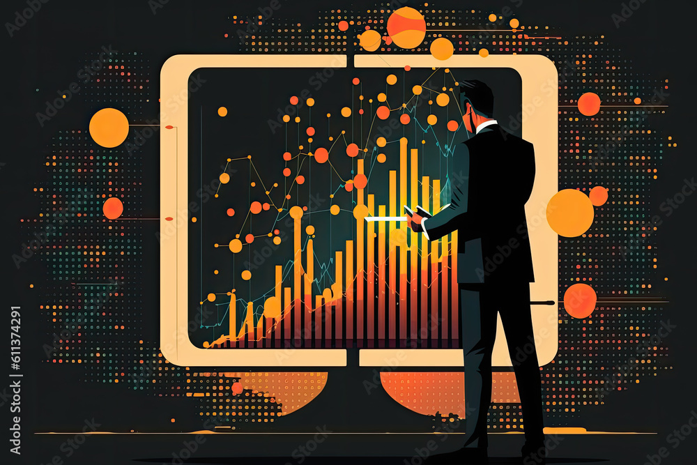 Poster illustration of businessman use tablet for analysing stock market profit on global business data net