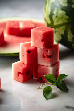 Sliced sweet watermelon of red color. Watermelon fruit cube slice. Close up of watermelon cut in small peaces. Realistic 3D illustration. Generative AI