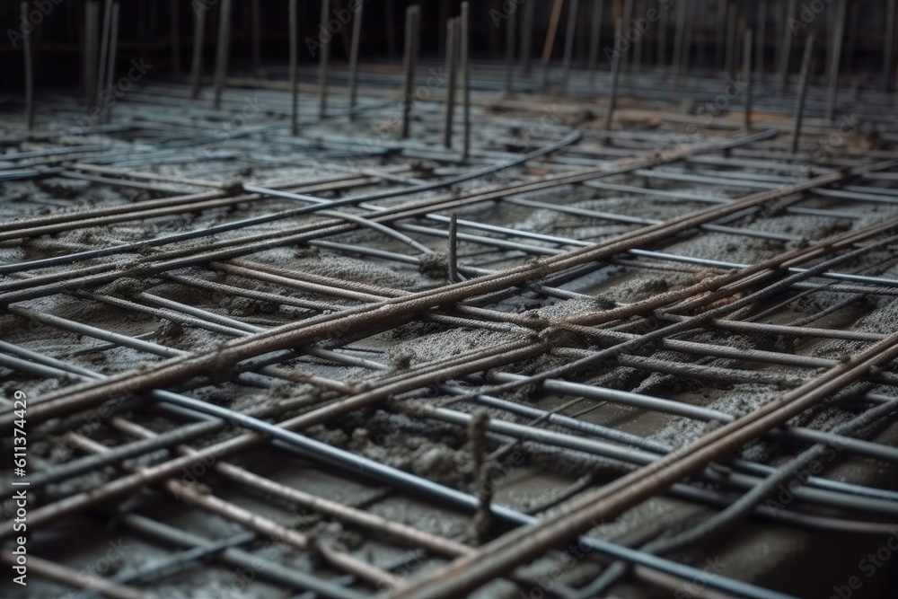 Poster reinforcement of concrete with metal rods connected by wire. preparation for pouring the foundation,