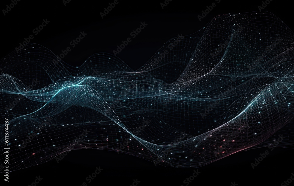 Poster abstract futuristic digital grid flowing wireframed wave. big data transfer visualization, created w