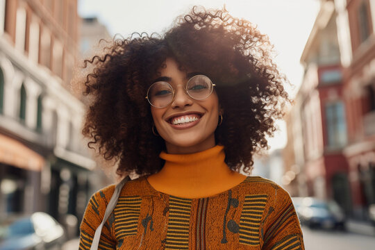 Generative AI illustration cheerful of young African American girl in glasses with curly hair looking at the camera standing on city street