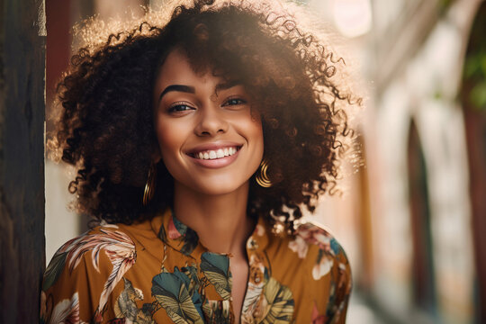 Generative AI illustration happy of young African American girl with curly hair and looking at the camera standing on city street with