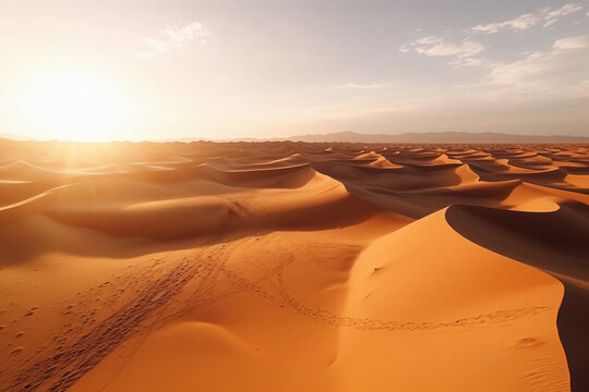 Generative AI illustration view of bright sundown sky with orange sun over arid desert dunes
