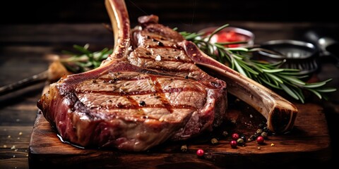 AI Generated. AI Generative. Photo illustration of bbq grill tomahawak angus steak on bone. Restaurant fresh meat lifestyle vibe. Graphic Art