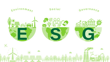 ESG concept of environmental, social and governance vector illustration with green icons in half world on white background.