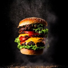 fresh tasty burger on black background