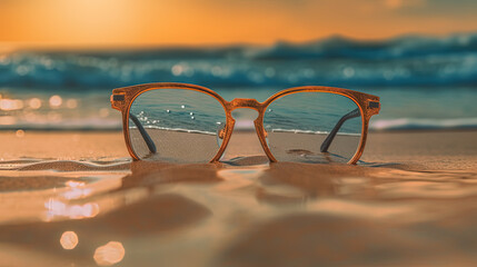 Fototapeta na wymiar Glasses in the sand of the beach. Vacation scene with sunglass on the shore line. Generative AI.