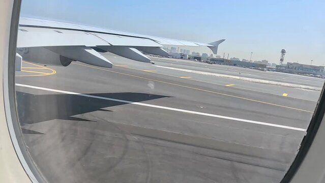 Superjumbo Jet Airplane taking off from Dubai International Airport