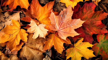 Naklejka na ściany i meble orange fallen maple leaves in autumn. Generative AI