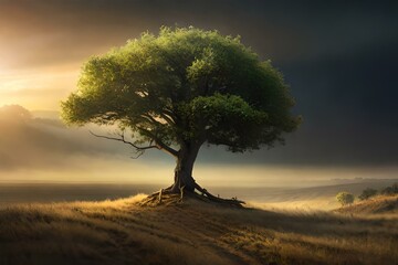 Majestic Tree, Fantasy World, Mythical Landscape, Magical Tree, Mystical Atmosphere, Lonely Tree