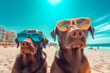 two labs wearing sunglasses on the beach. Generative AI.