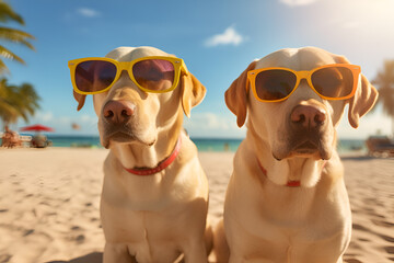 Obraz na płótnie Canvas two yellow labrador dogs getting ready to go on vacation wearing sunglasses. Generative AI.