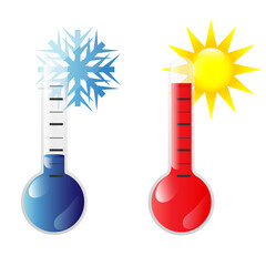 Thermometer hot and cold temperature. Meteorological thermometers measuring climate. White background, Blue and red thermometer