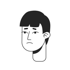 Disappointed young asian man with bang monochrome flat linear character head. Stressed guy. Editable outline hand drawn human face icon. 2D cartoon spot vector avatar illustration for animation