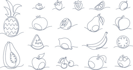 One line tropical fruit sketches, hand drawn linear apple and lemon. Minimalist continuous line exotic fruits, banana, pineapple and strawberry, summer fresh organic food monoline sketch vector set