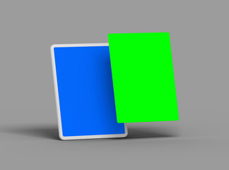 Customizable mockup of a white unbranded tablet with popped-up changeable screens. 3D Render
