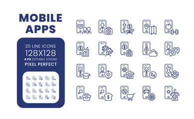 Mobile apps linear desktop icons set. Software development. Social media marketing. Pixel perfect 128x128, outline 4px. Isolated user interface elements pack for website. Editable stroke