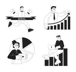 Success business person monochrome concept vector spot illustration set. Young entrepreneurs 2D flat bw cartoon characters for web UI design. Startup owner isolated editable hand drawn hero image pack