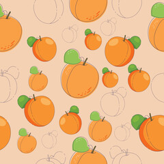 Summer peaches seamless pattern featuring hand-drawn peaches. Fun, colorful and fresh pattern for summer with light background. Ideal for digital printing, decoration or printing on objects. Vector il
