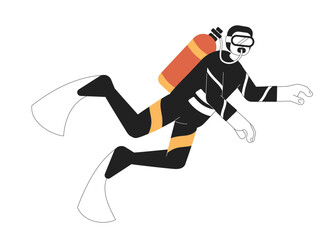 Male scuba diver swimming underwater monochromatic flat vector character. Snorkeling man. Diving class. Editable thin line full body person on white. Simple bw cartoon spot image for graphic design