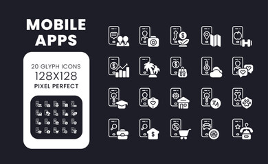Fototapeta na wymiar Mobile apps white solid desktop icons set. Software development. Social media marketing. Pixel perfect 128x128, outline 4px. Symbols for dark theme. Glyph pictograms. Vector isolated images