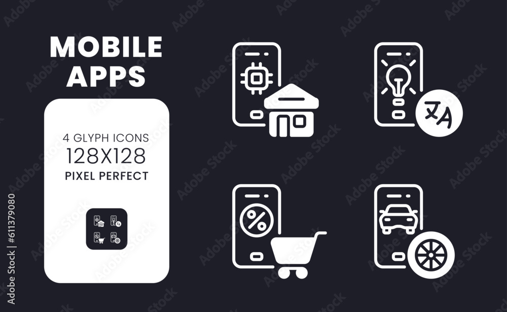 Poster mobile apps white solid desktop icons set. e-commerce. digital assistants. software development. pix