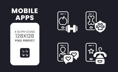 Mobile apps white solid desktop icons set. Customer engagement. Influencer marketing. Pixel perfect 128x128, outline 4px. Symbols for dark theme. Glyph pictograms. Vector isolated images