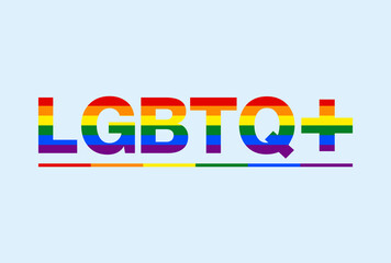 LGBTQ+ lettering design with rainbow colors vector isolated on sky blue background