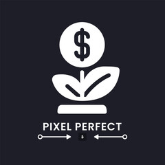 Obraz premium Financial growth white solid desktop icon. Socially responsible ventures. Seed money. Pixel perfect, outline 4px. Silhouette symbol for dark mode. Glyph pictogram. Vector isolated image
