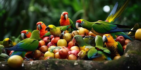 Parrots squabble cheerfully over a pile of fruit, their bright colors a vibrant spectacle against the lush green of the rainforest, concept of Biodiversity, created with Generative AI technology - obrazy, fototapety, plakaty