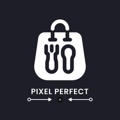 Naklejka premium Fast food package white solid desktop icon. Delivery service. Restaurant takeaway menu. Pixel perfect, outline 4px. Silhouette symbol for dark mode. Glyph pictogram. Vector isolated image