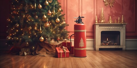 Extinguisher stands near a christmas tree, indoors, concept of Fire safety, created with Generative AI technology