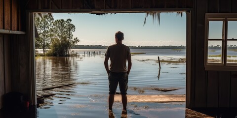 A coastal resident surveys his flood-damaged home, a personal encounter with the ongoing climate crisis, concept of Environmental vulnerability, created with Generative AI technology