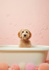 Cute Golden Doodle dog in a small bathtub with soap foam and bubbles, cute pastel colors.