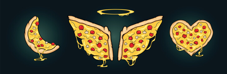 Pizza in the shape of wings with halo heart and crescent moon. Can be used by restaurants or cafe or general food related graphic design projects. Print as stickers or on tee shirts. Pizza wings 