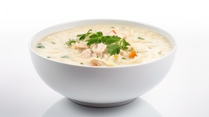 A warm bowl of creamy chicken and rice soup with herbs and spices on White Background with copy space for your text created with generative AI technology