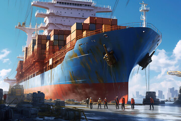 industry with cargo ship engineer worker.