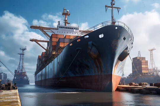 industry with cargo ship engineer worker.