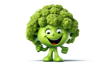 3D broccoli funny cartoon character with eyes on white background Generative AI Illustration - obrazy, fototapety, plakaty