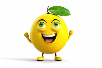 3D lemon funny cartoon character with eyes on white background Generative AI Illustration - obrazy, fototapety, plakaty