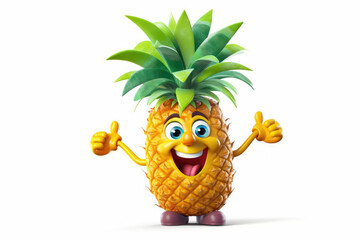 3D pineapple funny cartoon character with eyes on white background Generative AI Illustration