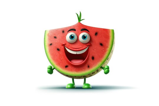 3D watermelon funny cartoon character with eyes on white background Generative AI Illustration