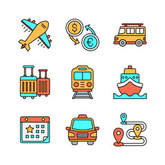 Tourism and Travel Icons Set in Colored Line Style