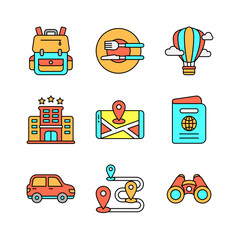 Tourism and Travel Icons Set in Colored Line Style